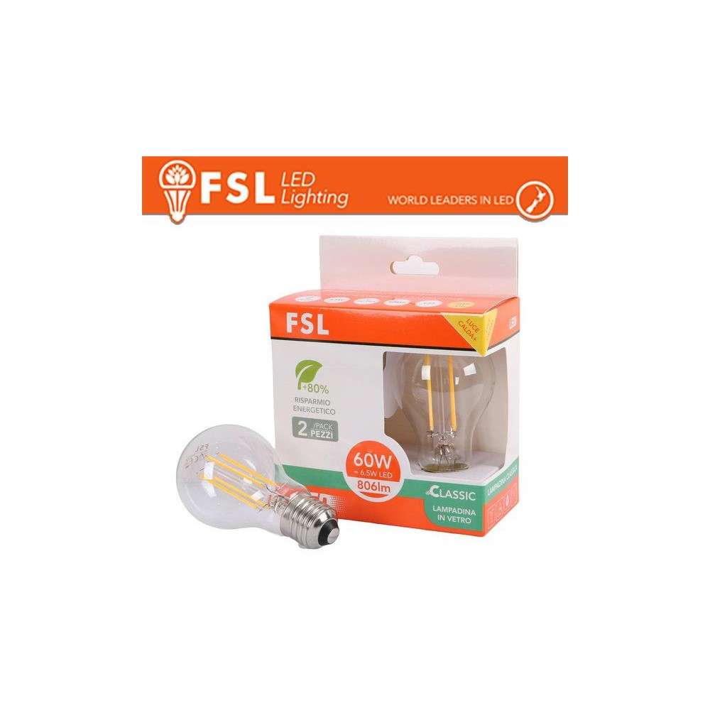 Lampada Filamento Sfera A60FC 6.5W 3000K E27 - Confezione 2PACK