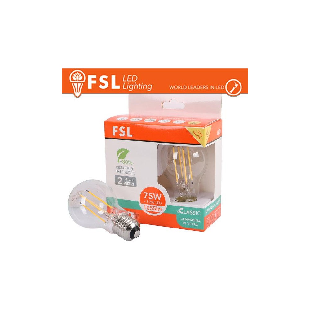 Lampada Filamento Sfera A60FC 8.5W 3000K E27 - Confezione 2PACK